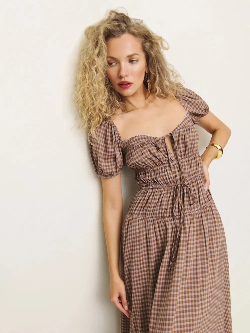 Reformation Brown Gingham Puff-Sleeve Midi Dress - Picture 5 of 6